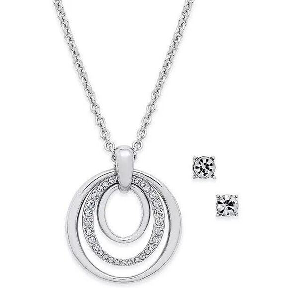 Stunning Crystal Pendant Silver Tone Necklace Earrings (2 Piece Set) Elegant NEW - Picture 1 of 5